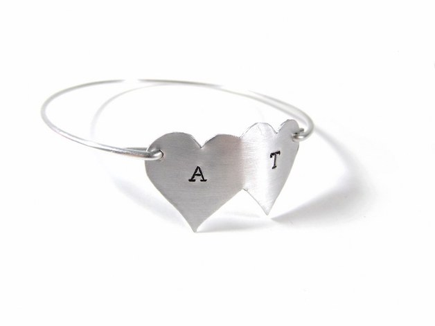 Hand Stamped Jewelry - Personalized Bracelet Adjustable With Two Hearts